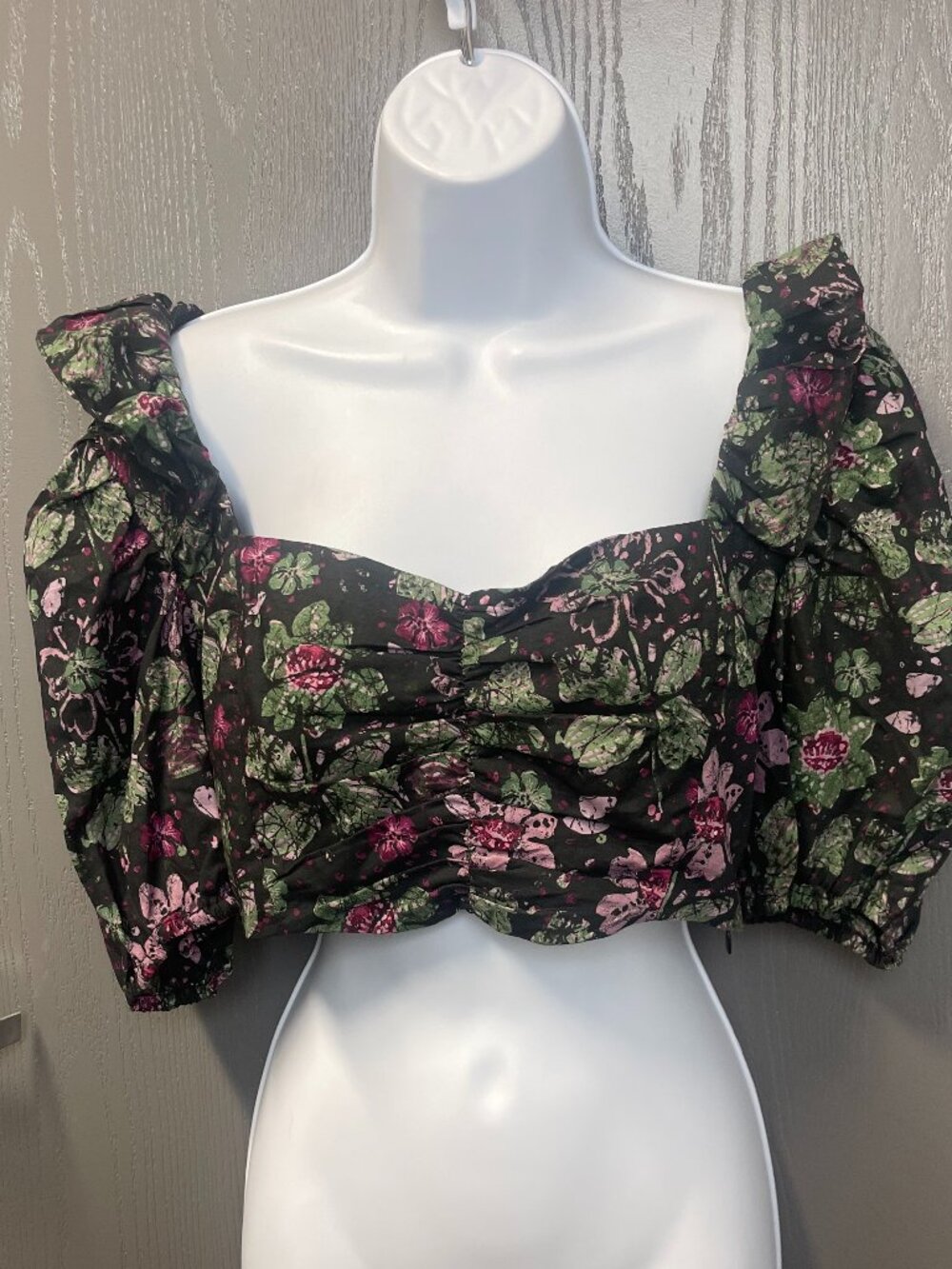 Zara Floral Puff Sleeve Ruched Crop Top NWT Size L - Picture 2 of 9